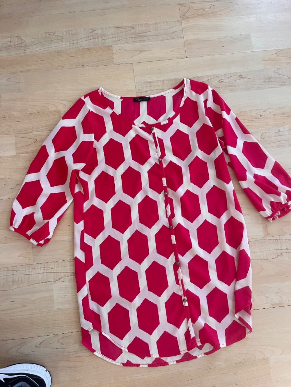 Women’s K LD Signature Pink & White Retro Blouse Top Shirt Honeycomb Button Down - Picture 6 of 7